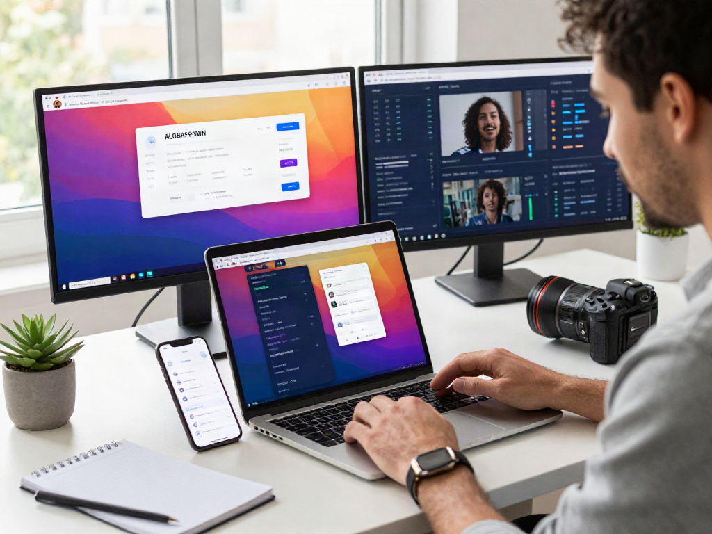 User engaging with ALO8APP.WIN on dual monitors in a modern workspace