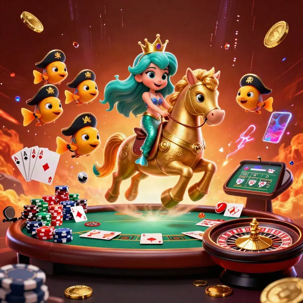 Mermaid princess on armored seahorse with pirate fish amid casino cards, chips, roulette glow