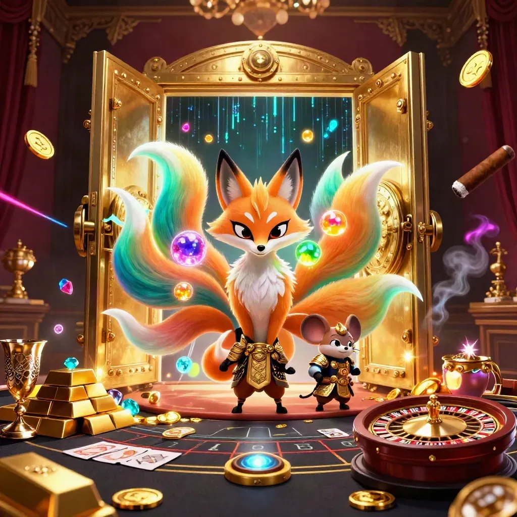 Neon fox spirit and armored mouse in a luxe casino vault with gold, gems, and roulette glow.