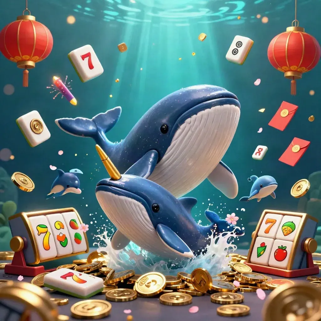Captain whale, narwhal, and dolphins burst from coins with teal casino effects.