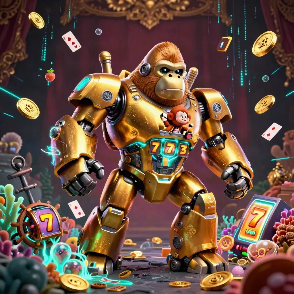 Golden gorilla mech with monkey pilot in a treasure cove, coins, coral, cards, and teal energy bursts.
