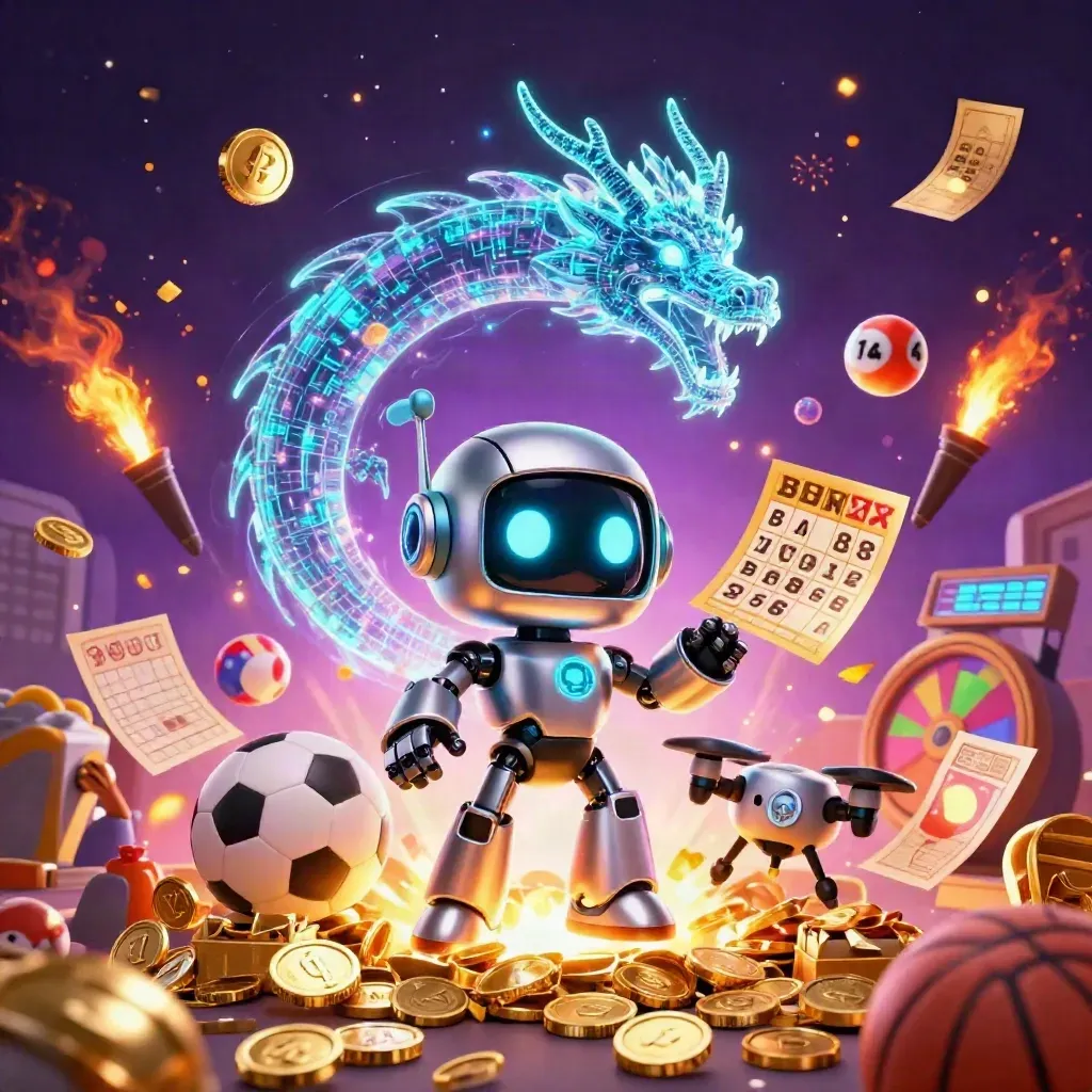 Cyberpunk robot, hologram dragon, coin drone amid casino loot, balls, wheel, tickets, starry purple glow