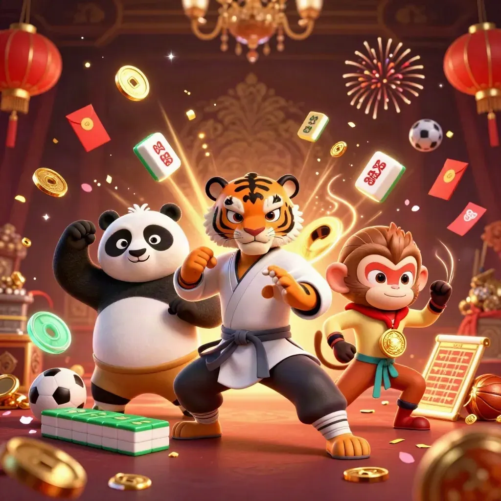 Kung-fu tiger, panda, and monkey amid vault coins, fireworks, and casino treasures.