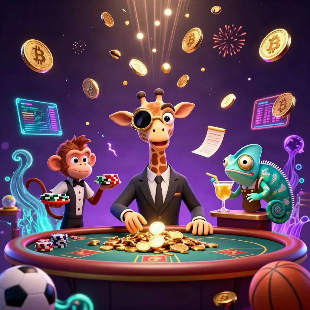 Giraffe, monkey, and chameleon in a vault blast with coins, neon crypto, and casino glow.